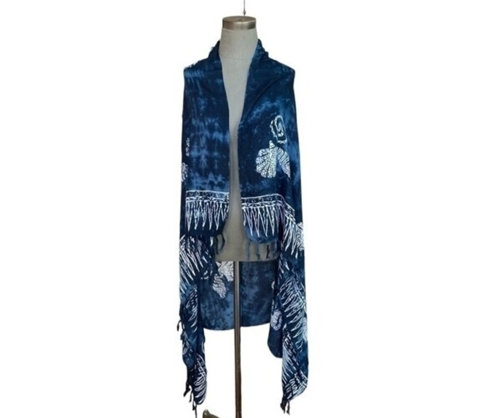 Hawaiian Blue Coastal Shells Sarong 64x46 Rayon Beach Cover Up Wrap Scarf EXC - Picture 4 of 7